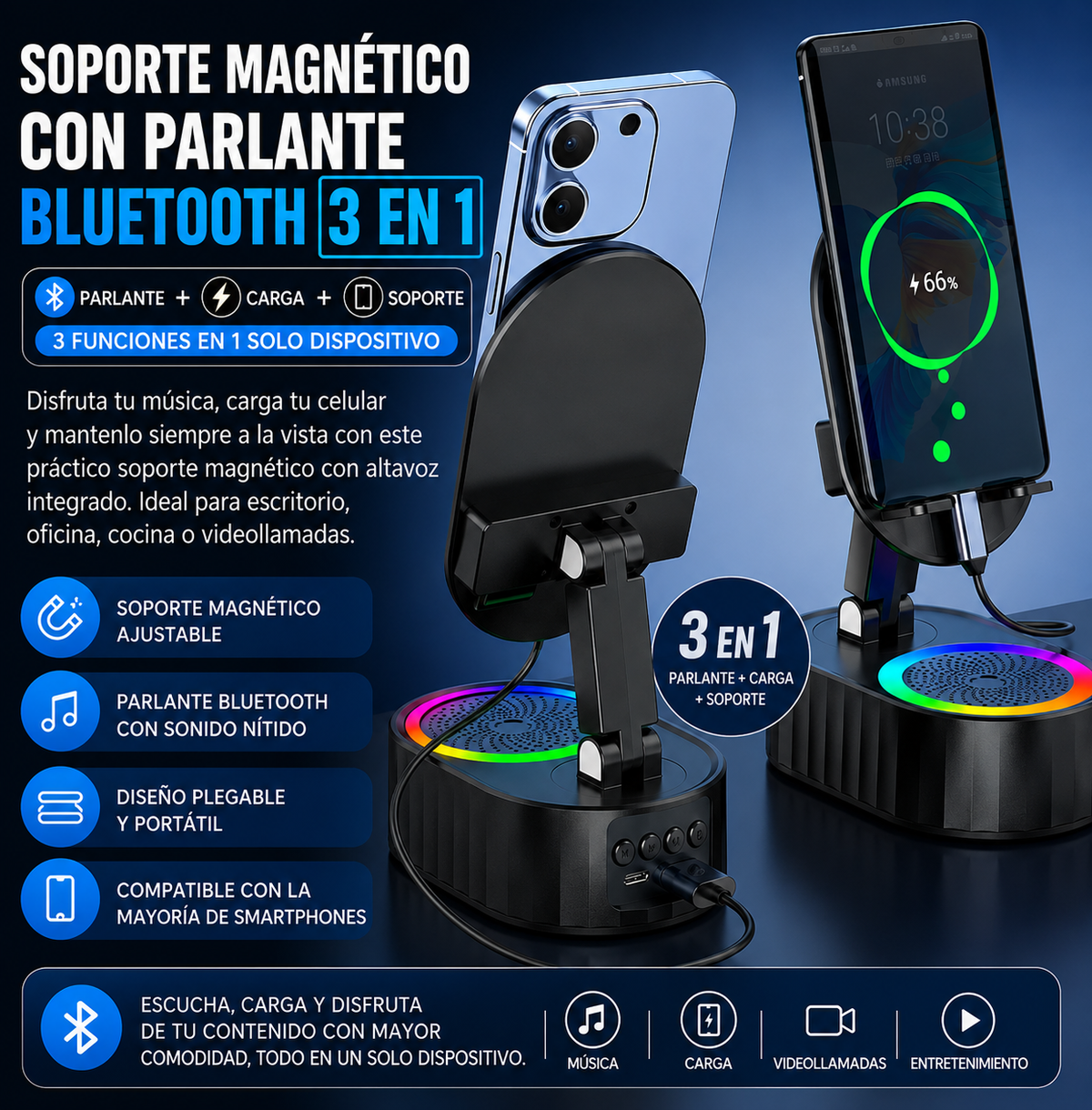 Soporte Cargador Con Parlantes SMART® 3 EN 1
